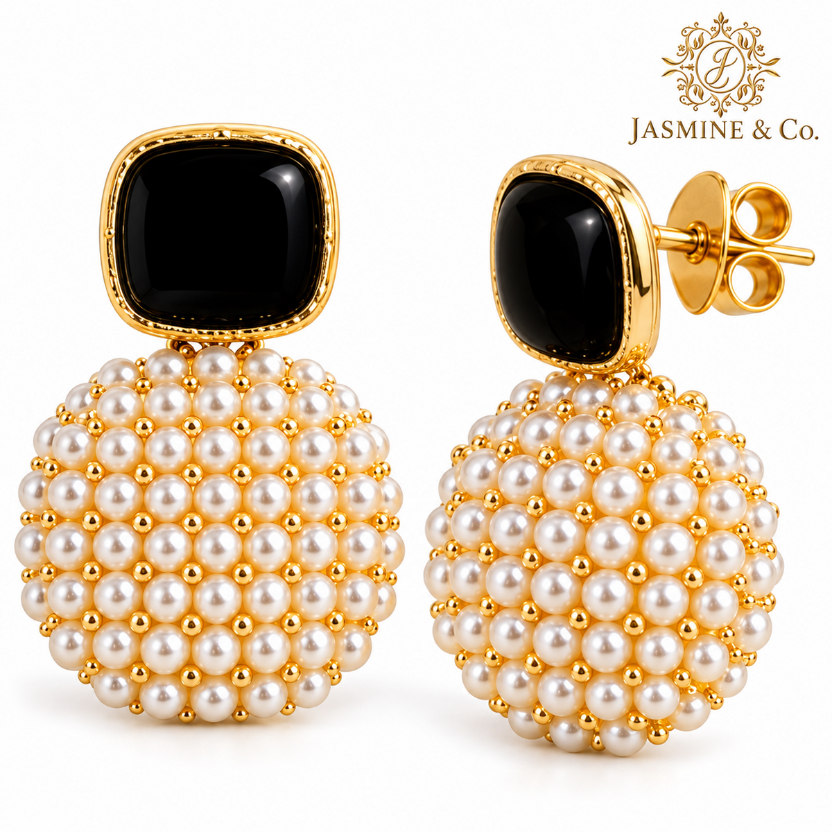 Anti-Tarnish Black & White Pearl Cluster Statement Earrings - close-up detail