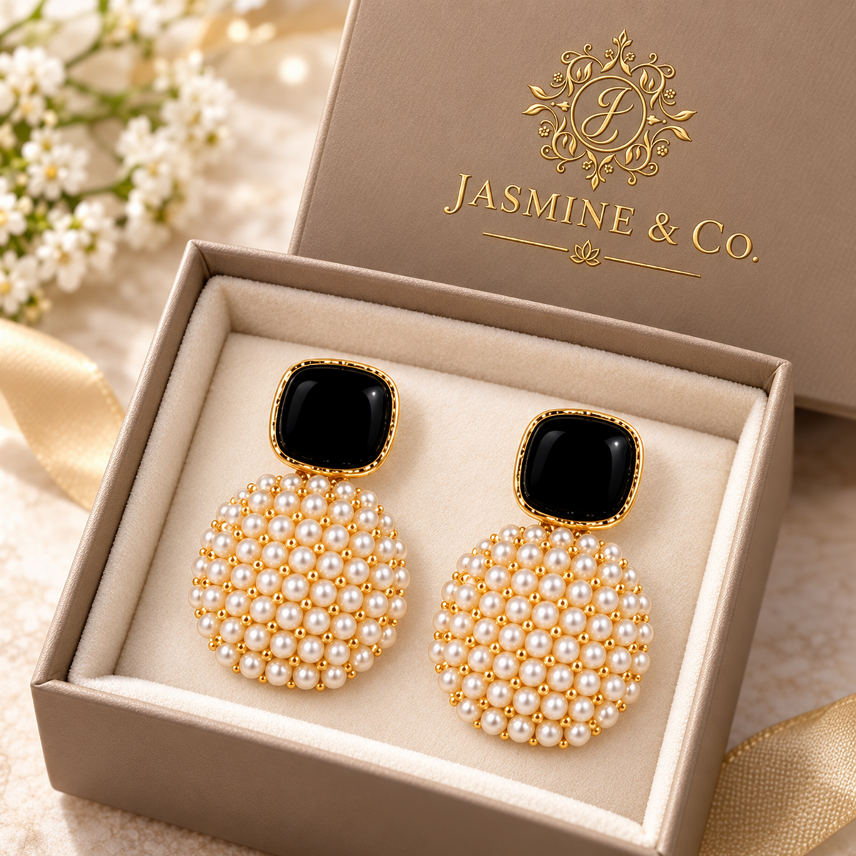 Anti-Tarnish Black & White Pearl Cluster Statement Earrings - branded packaging