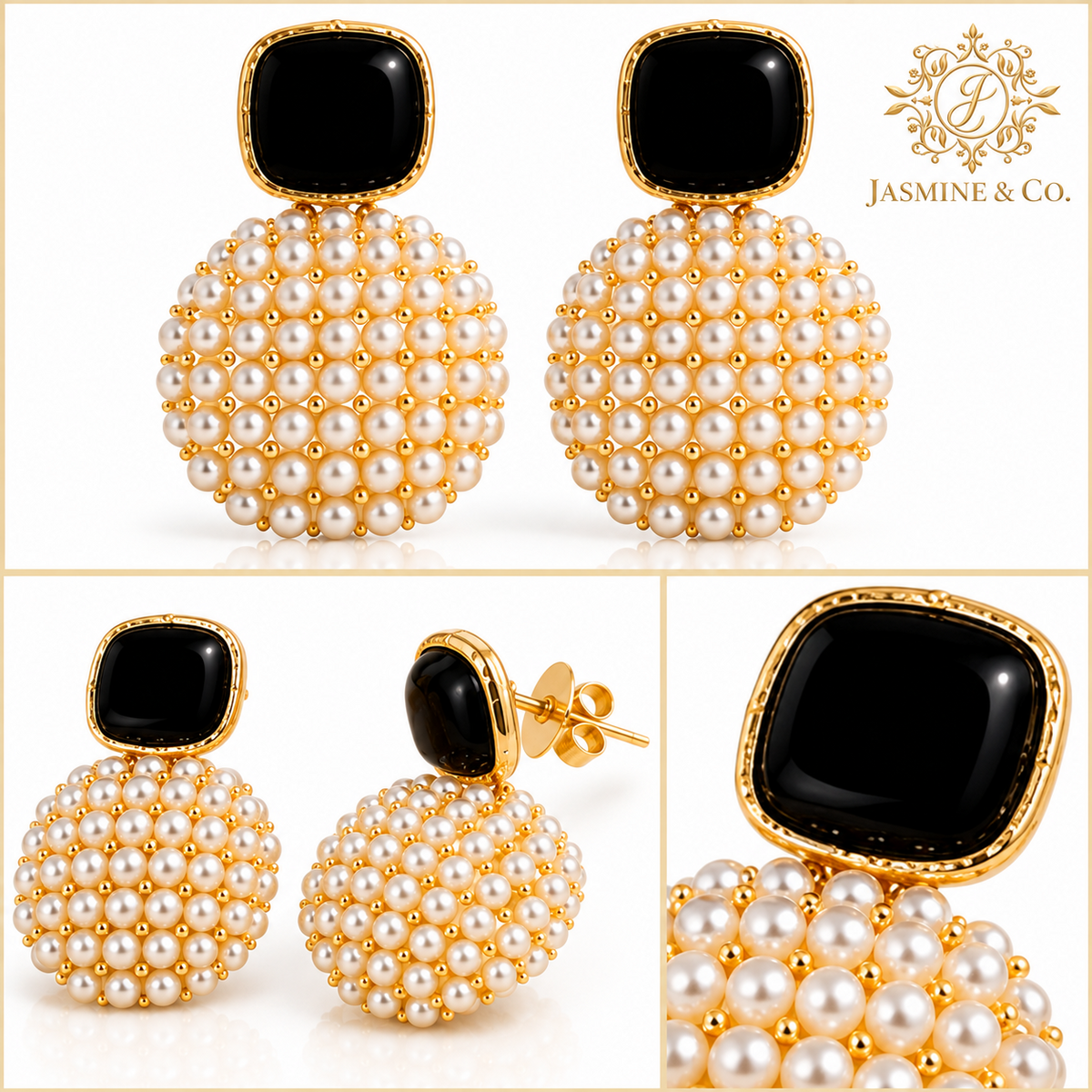 Anti-Tarnish Black & White Pearl Cluster Statement Earrings - multi-angle collage