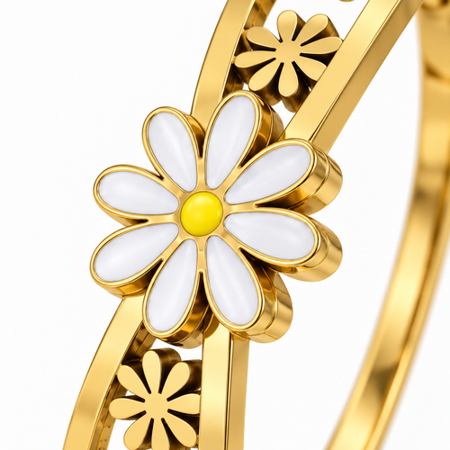 Close-up detail of anti-tarnish white flower bracelet in golden stainless steel