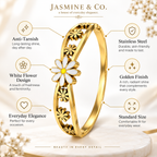 Product features of anti-tarnish white flower bracelet including stainless steel and golden finish