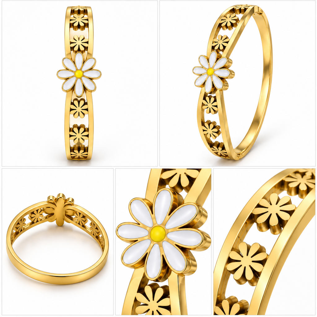 Anti-tarnish white flower bracelet shown from multiple angles on a white background